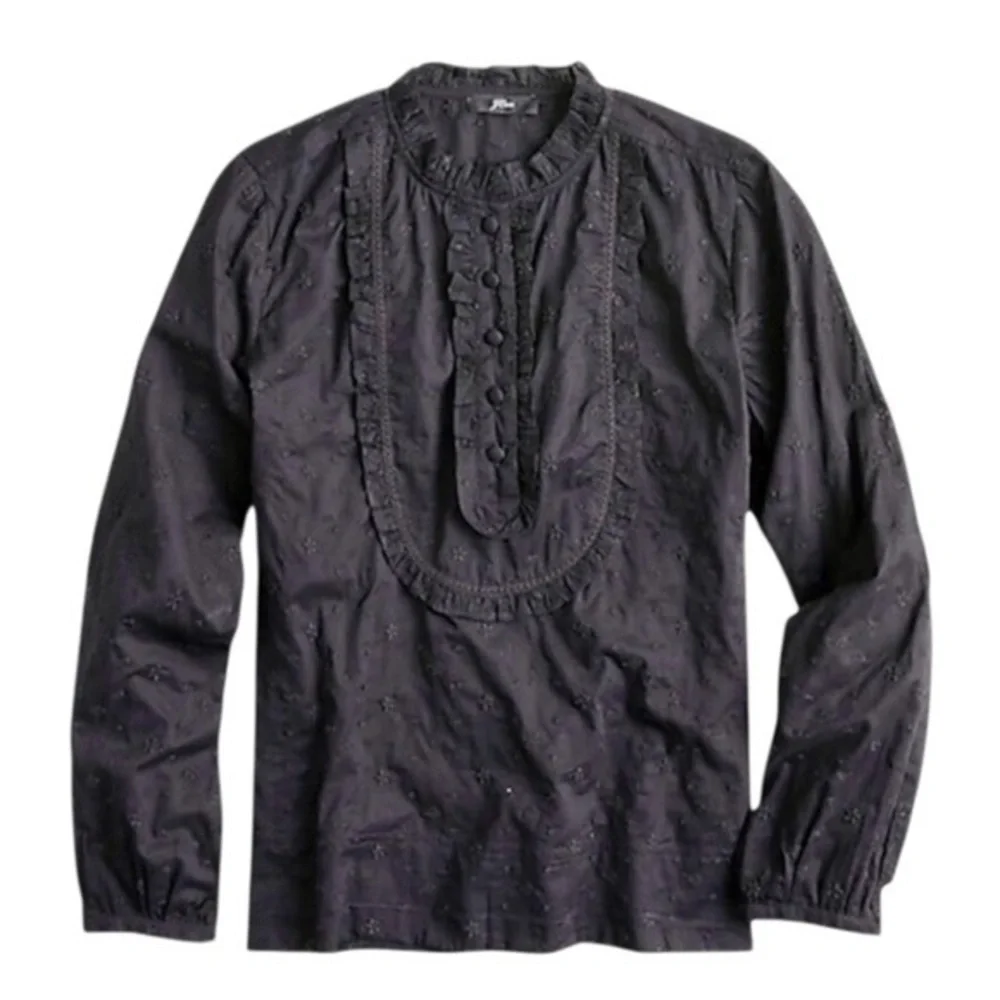 J.Crew Ruffle Eyelet Long Sleeve Shirt Black Cotton Small